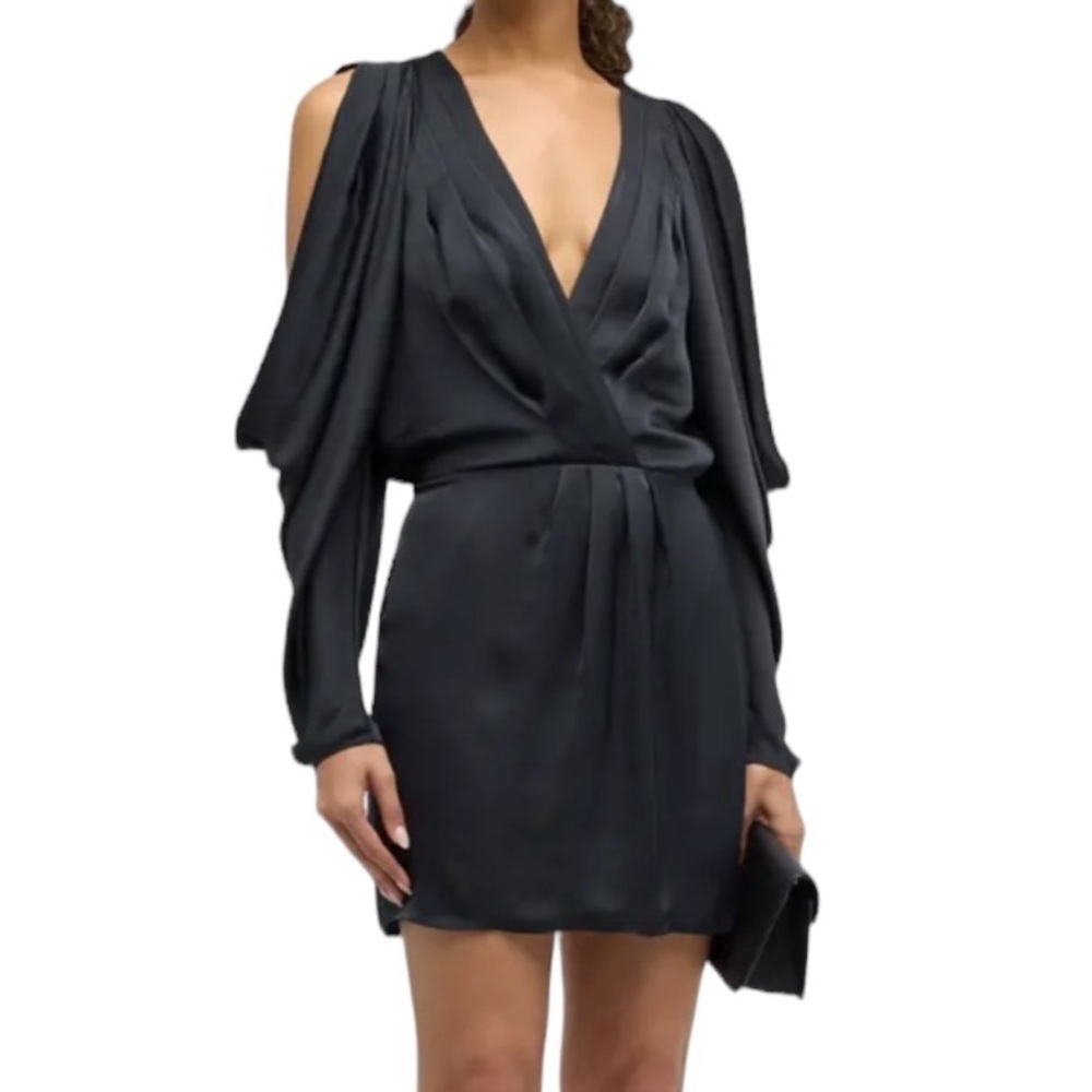 New Ramy Brook Black Kimberly V-Neck Draped Arm Minidress